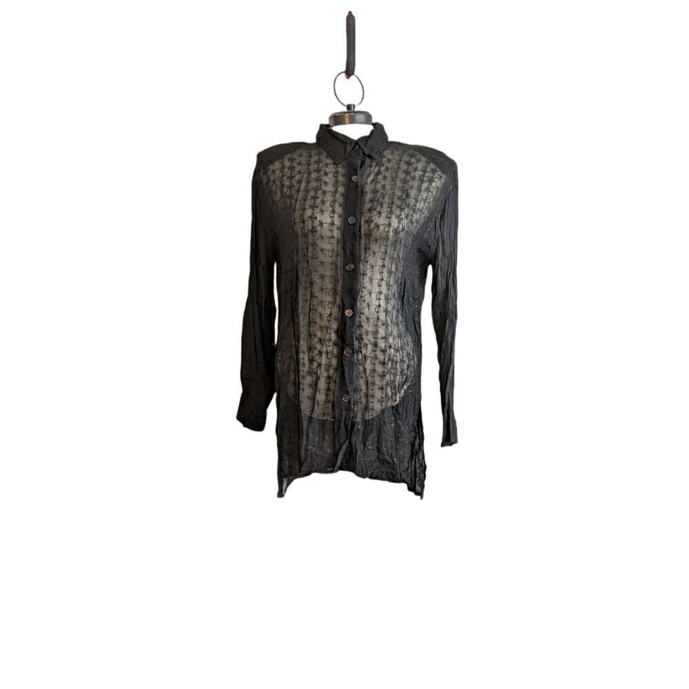Vintage 80's Anegada's Collection Black Embroidered Sheer Button Up Blouse Sz: M